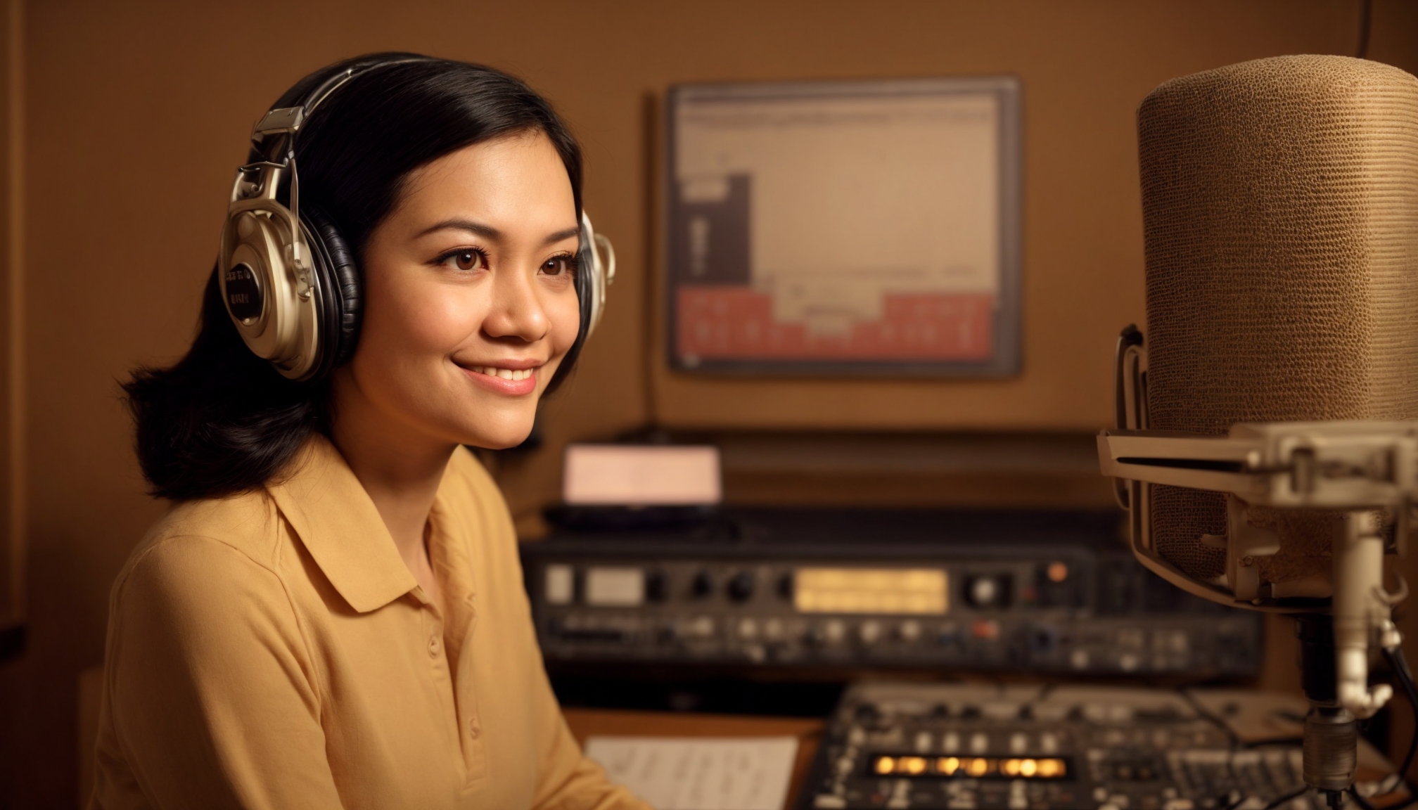 Penyiar radio komunitas rohani sedang siaran lagu rohani inspiratif di studio lokal