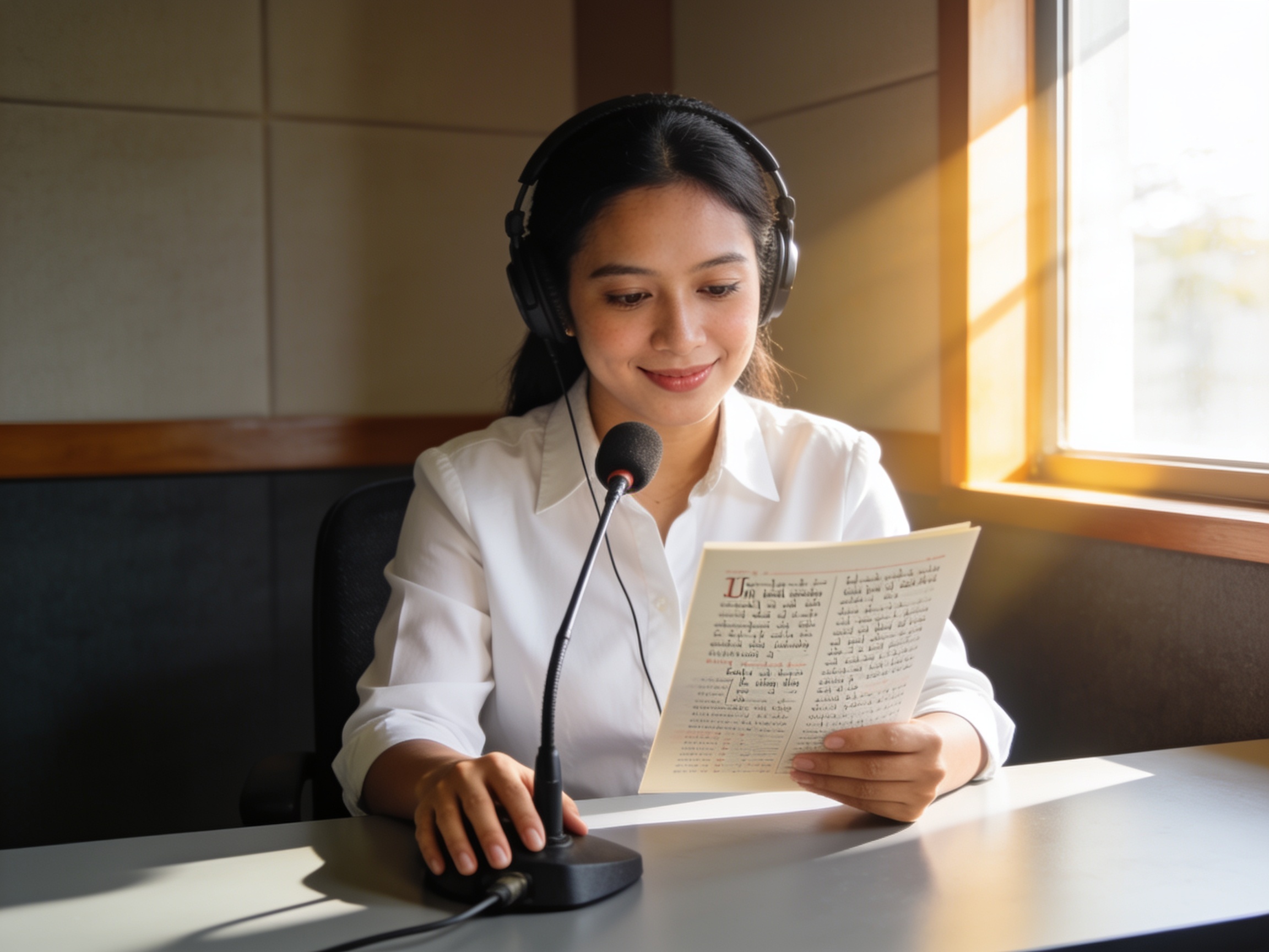Penyiar radio wanita Indonesia sedang mempersiapkan program radio penyemangat pagi di studio lokal.