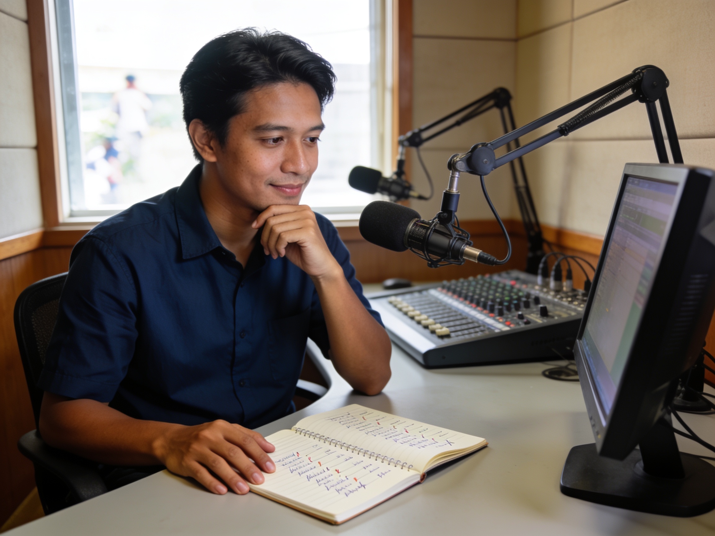 Penyiar radio komunitas rohani lokal memeriksa daftar lagu pujian di studio siaran.
